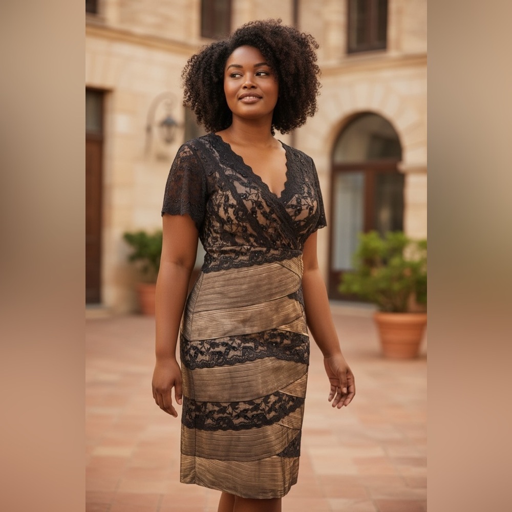 Marina Beaded Lace Black Gold Cocktail Dress 20W Plus Size Formal